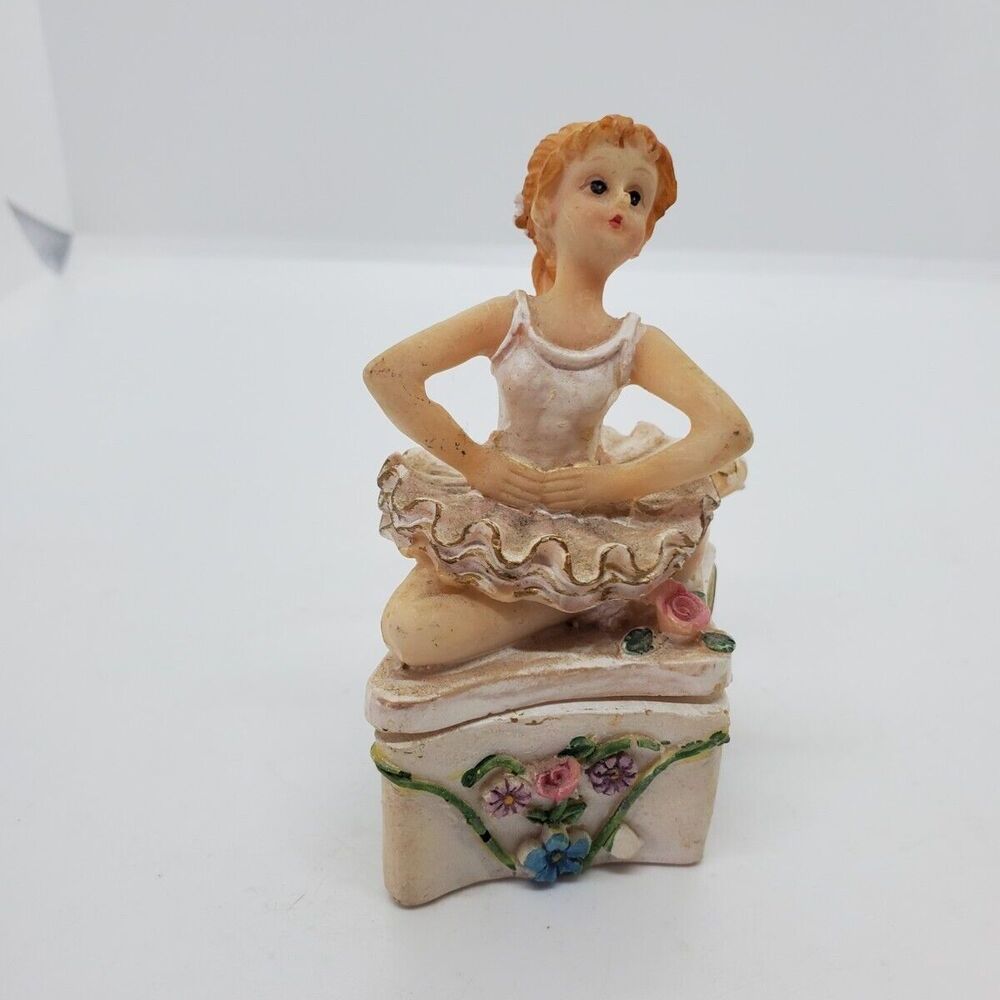 Hand Painted Vintage Ballerina Resin Jewelry Box Floral Diamond Shape Trinket